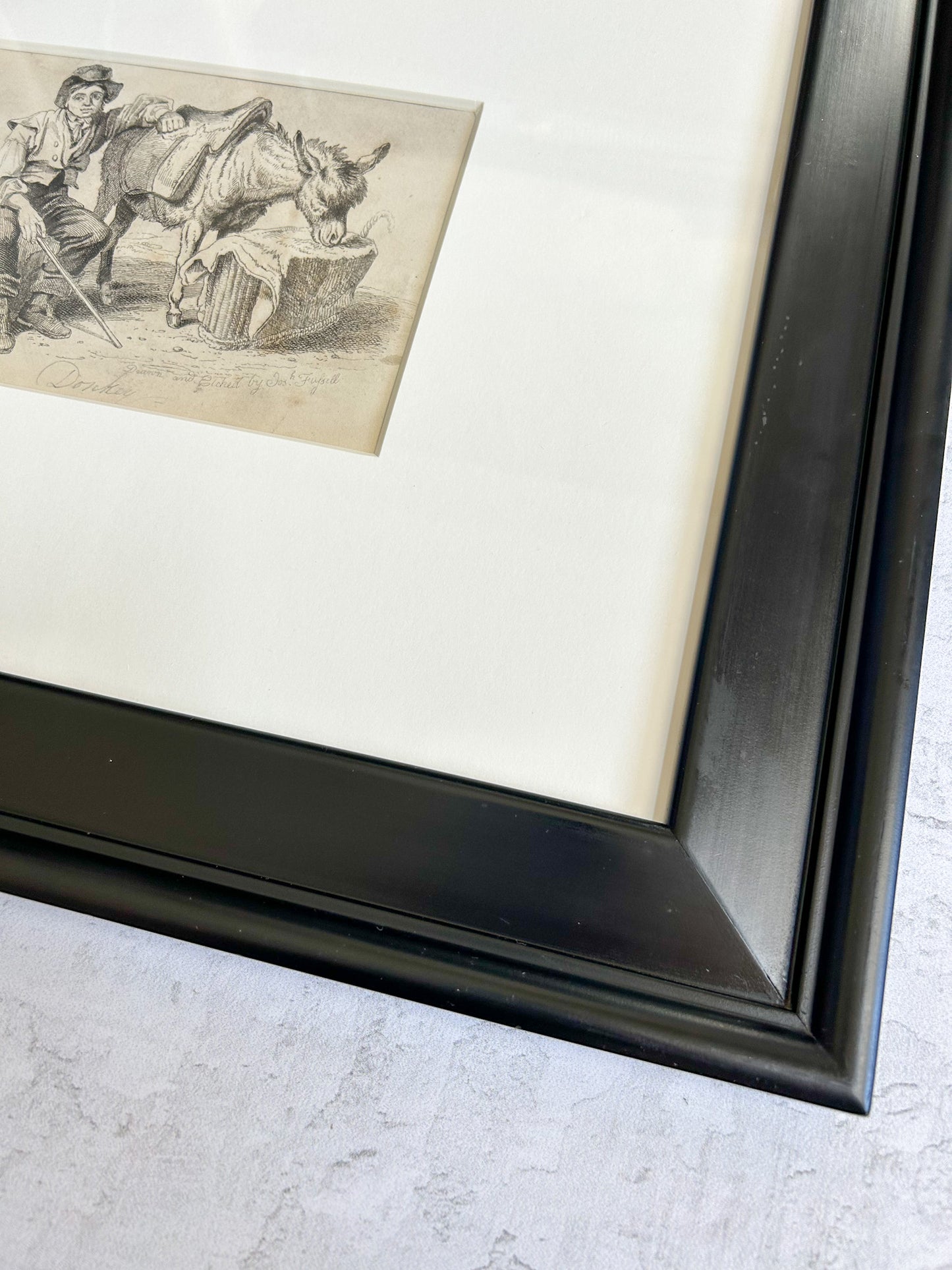 Pair of Framed Antique English Engravings, “Donkey” & “Bird Fancier” – Signed Jos. Fussell, Early 19th Century