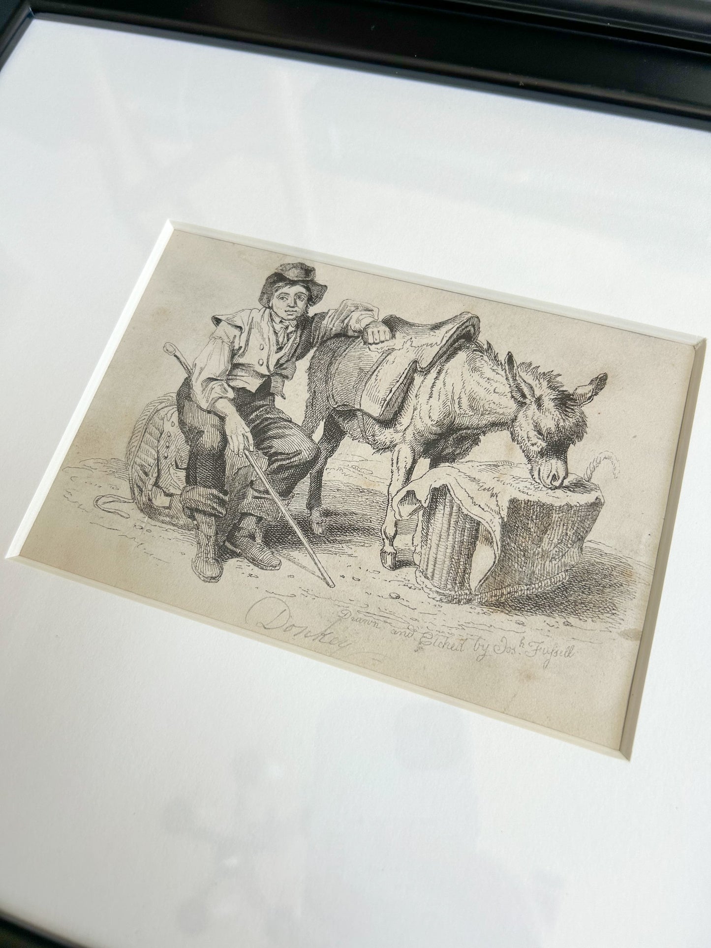 Pair of Framed Antique English Engravings, “Donkey” & “Bird Fancier” – Signed Jos. Fussell, Early 19th Century