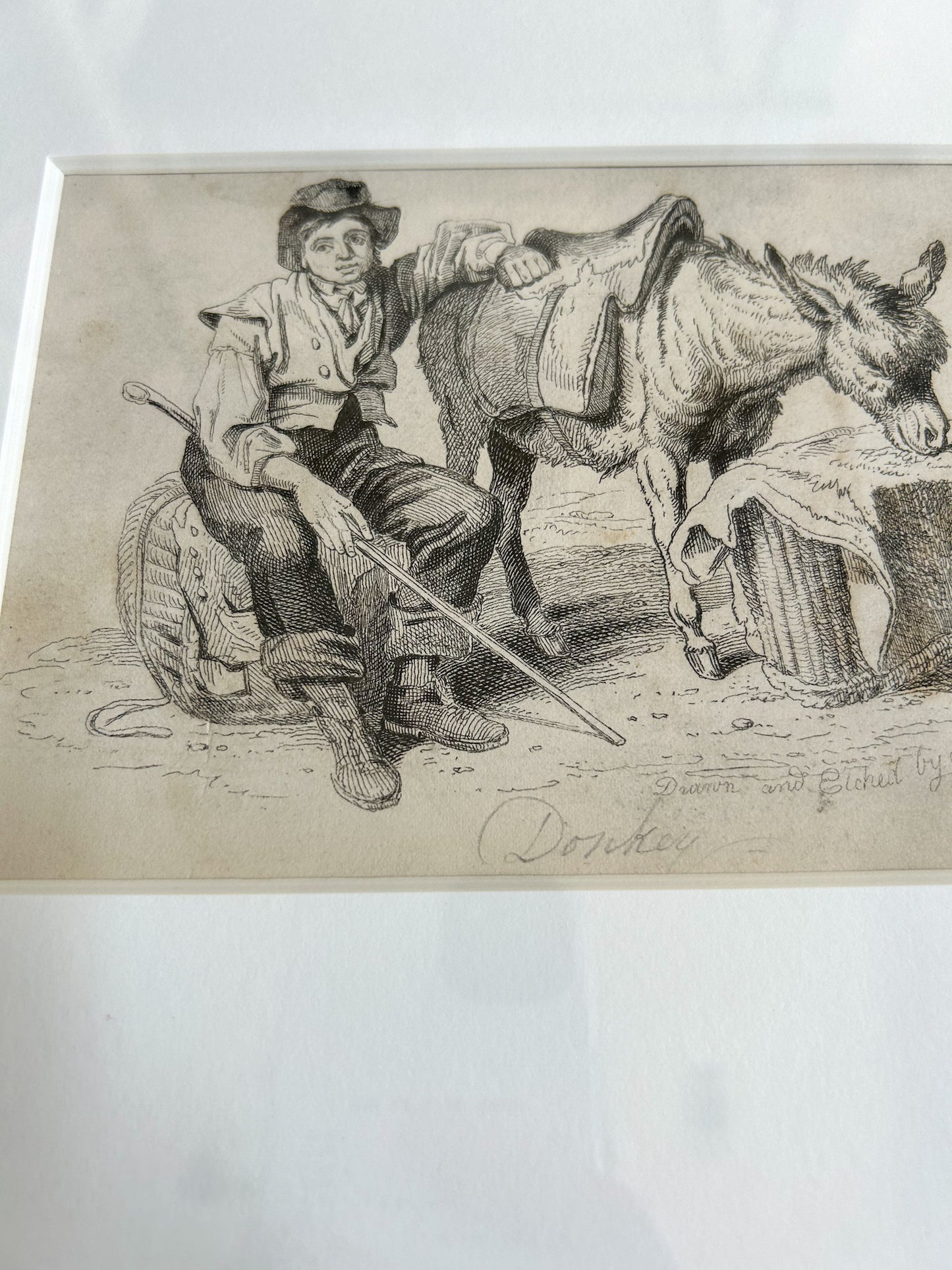 Pair of Framed Antique English Engravings, “Donkey” & “Bird Fancier” – Signed Jos. Fussell, Early 19th Century