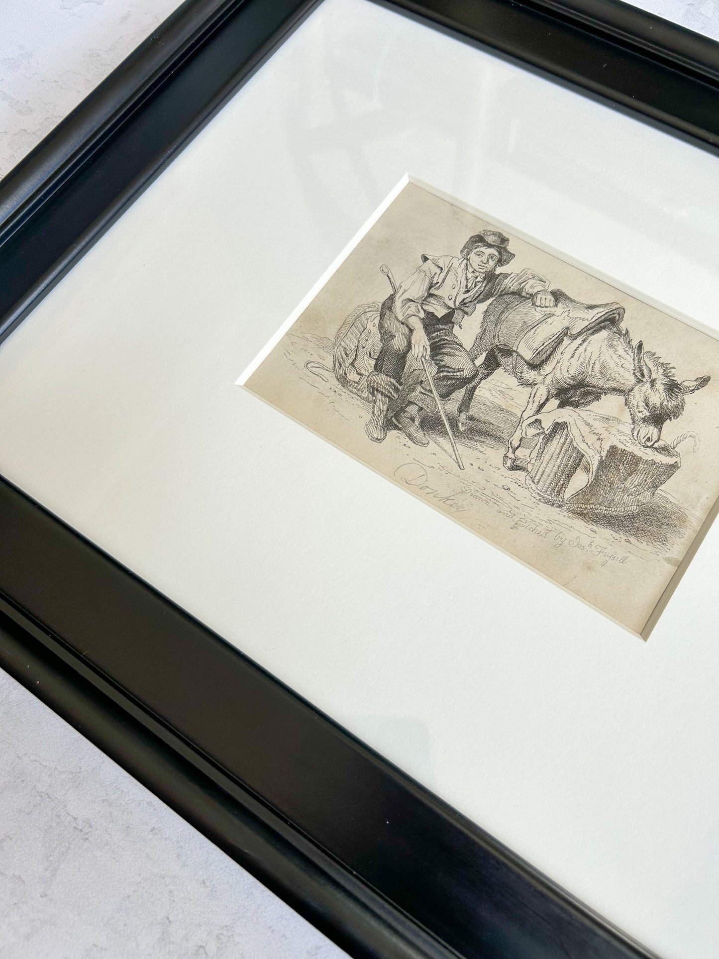 Pair of Framed Antique English Engravings, “Donkey” & “Bird Fancier” – Signed Jos. Fussell, Early 19th Century