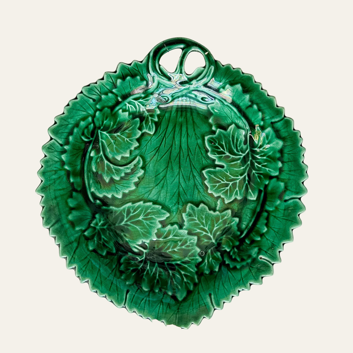 Antique Green Majolica Handled Serving Dish