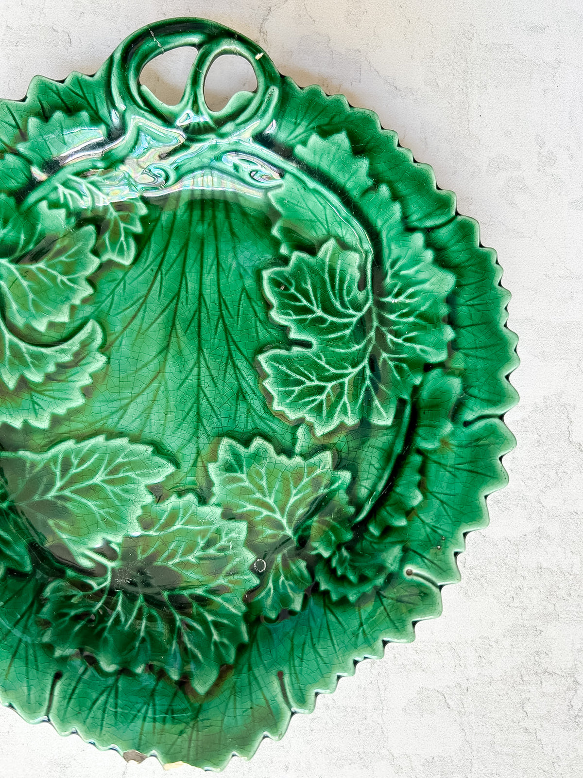 Antique Green Majolica Handled Serving Dish