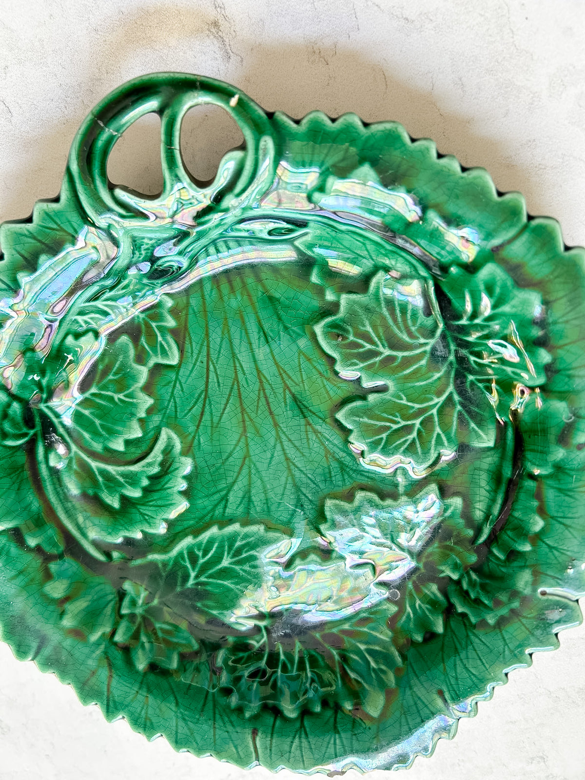 Antique Green Majolica Handled Serving Dish