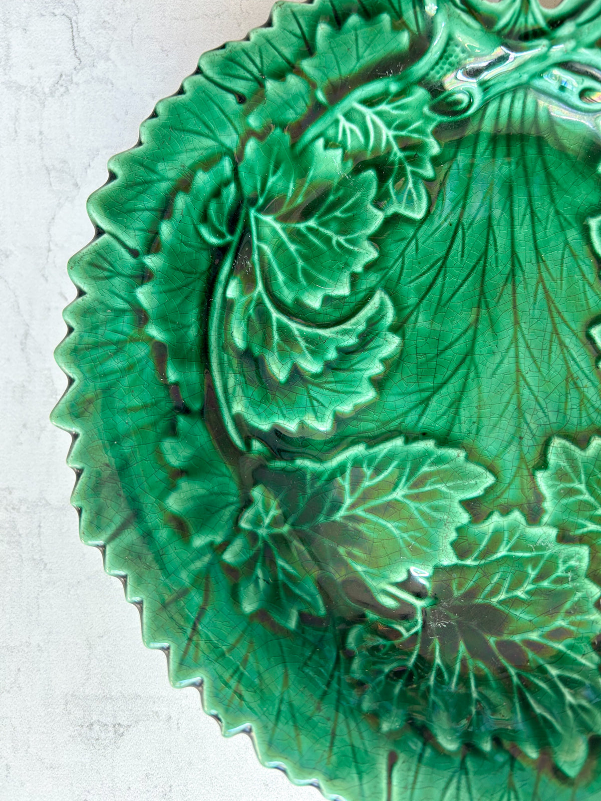 Antique Green Majolica Handled Serving Dish
