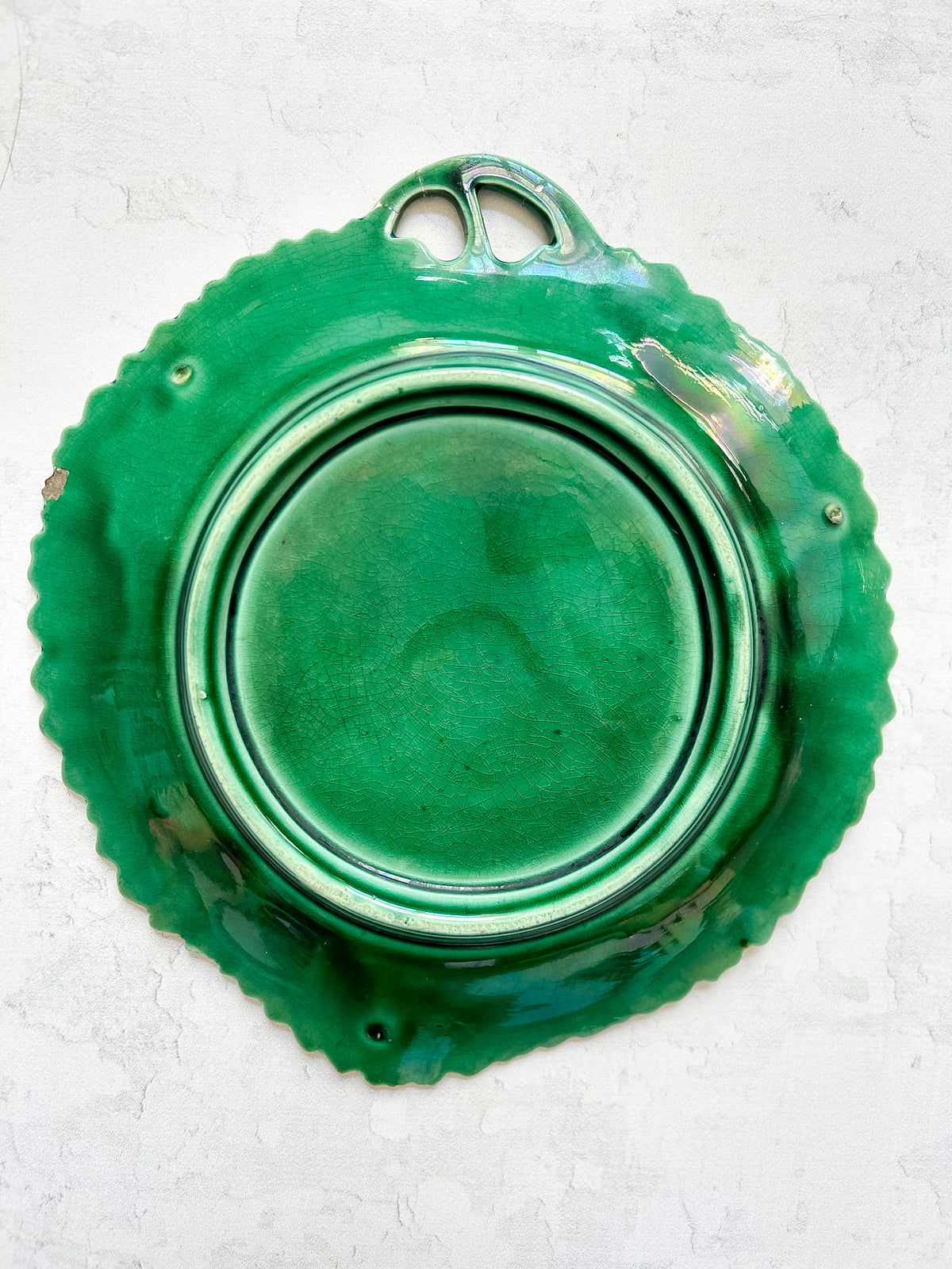 Antique Green Majolica Handled Serving Dish