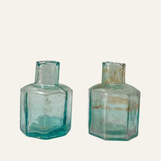 Pair Antique English Teal Glass Burst Top Inkwells