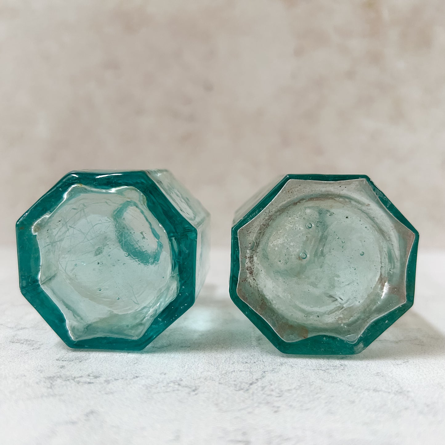 Pair Antique English Teal Glass Burst Top Inkwells