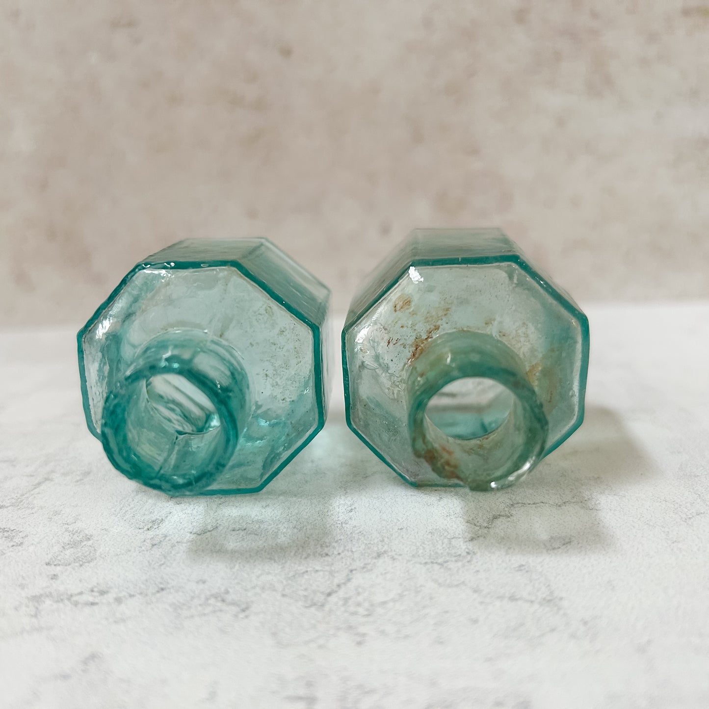 Pair Antique English Teal Glass Burst Top Inkwells