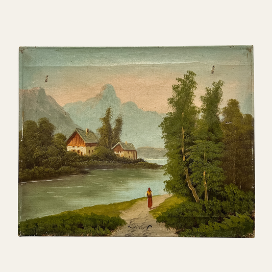 Vintage Signed Alpine Lake Landscape Oil on Canvas
