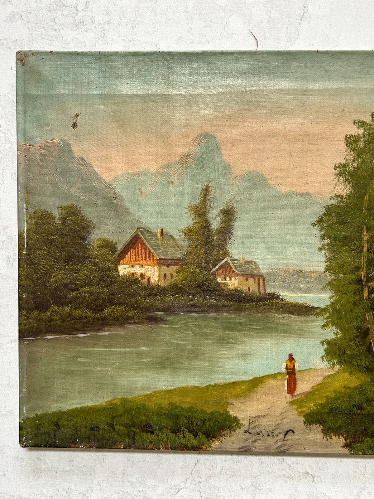 Vintage Signed Alpine Lake Landscape Oil on Canvas