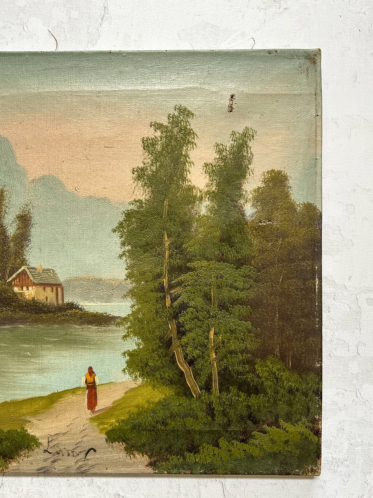 Vintage Signed Alpine Lake Landscape Oil on Canvas