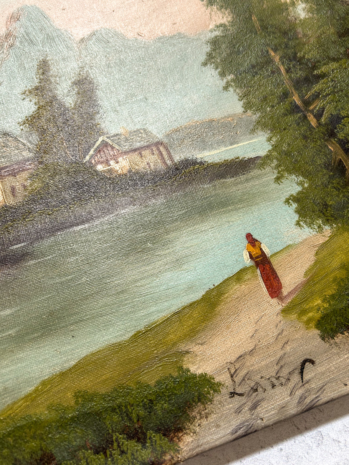 Vintage Signed Alpine Lake Landscape Oil on Canvas