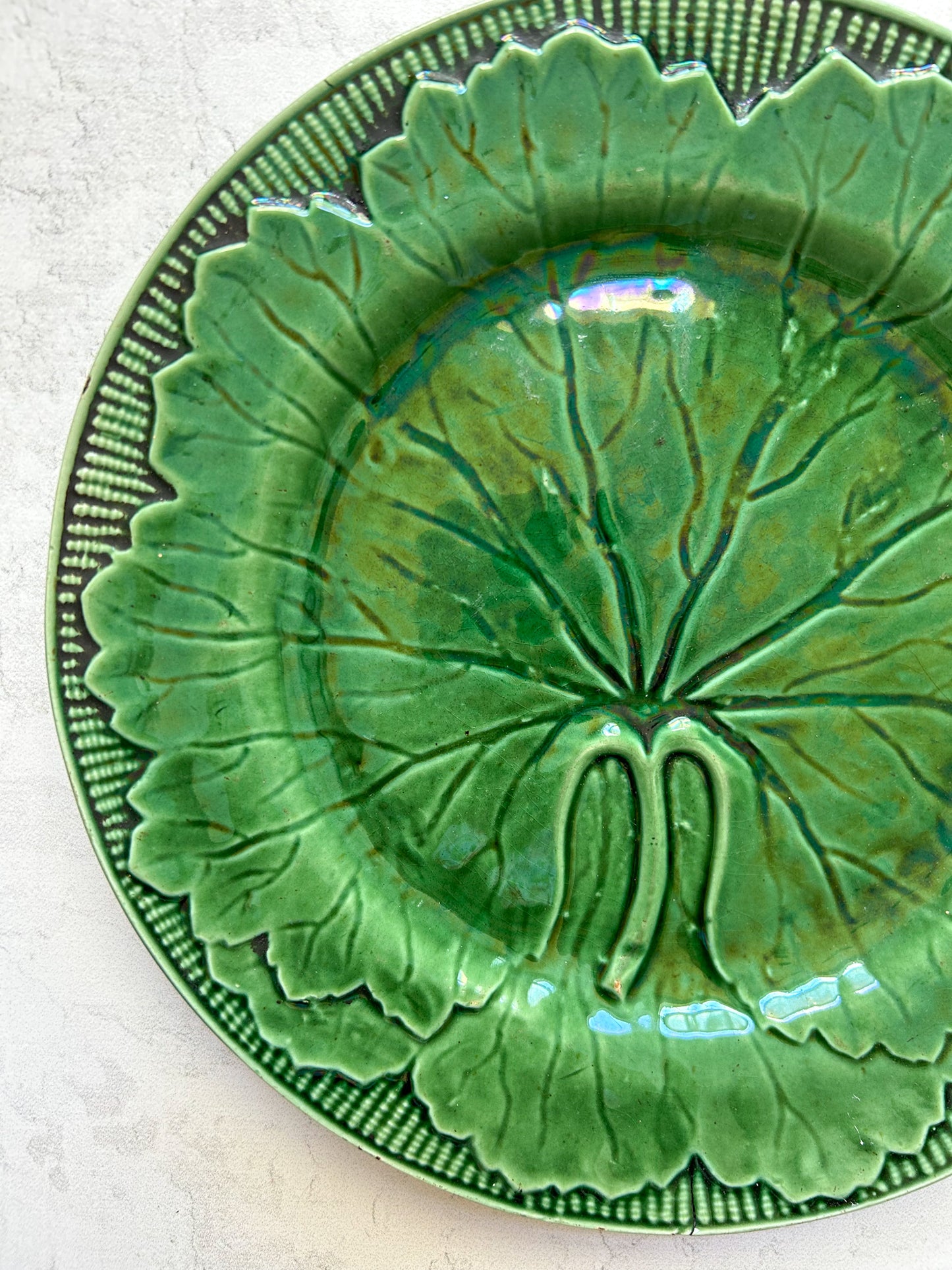 Antique Green Majolica Leaf Plate