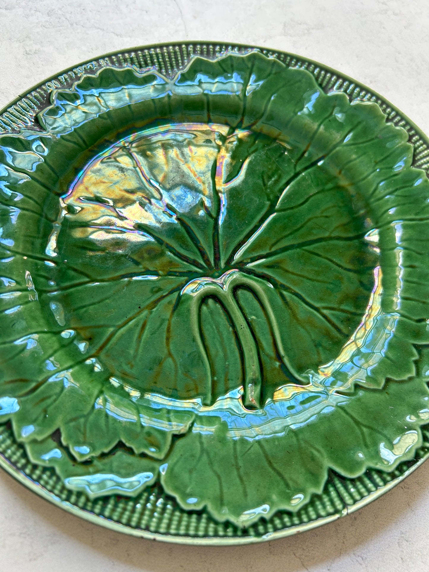 Antique Green Majolica Leaf Plate