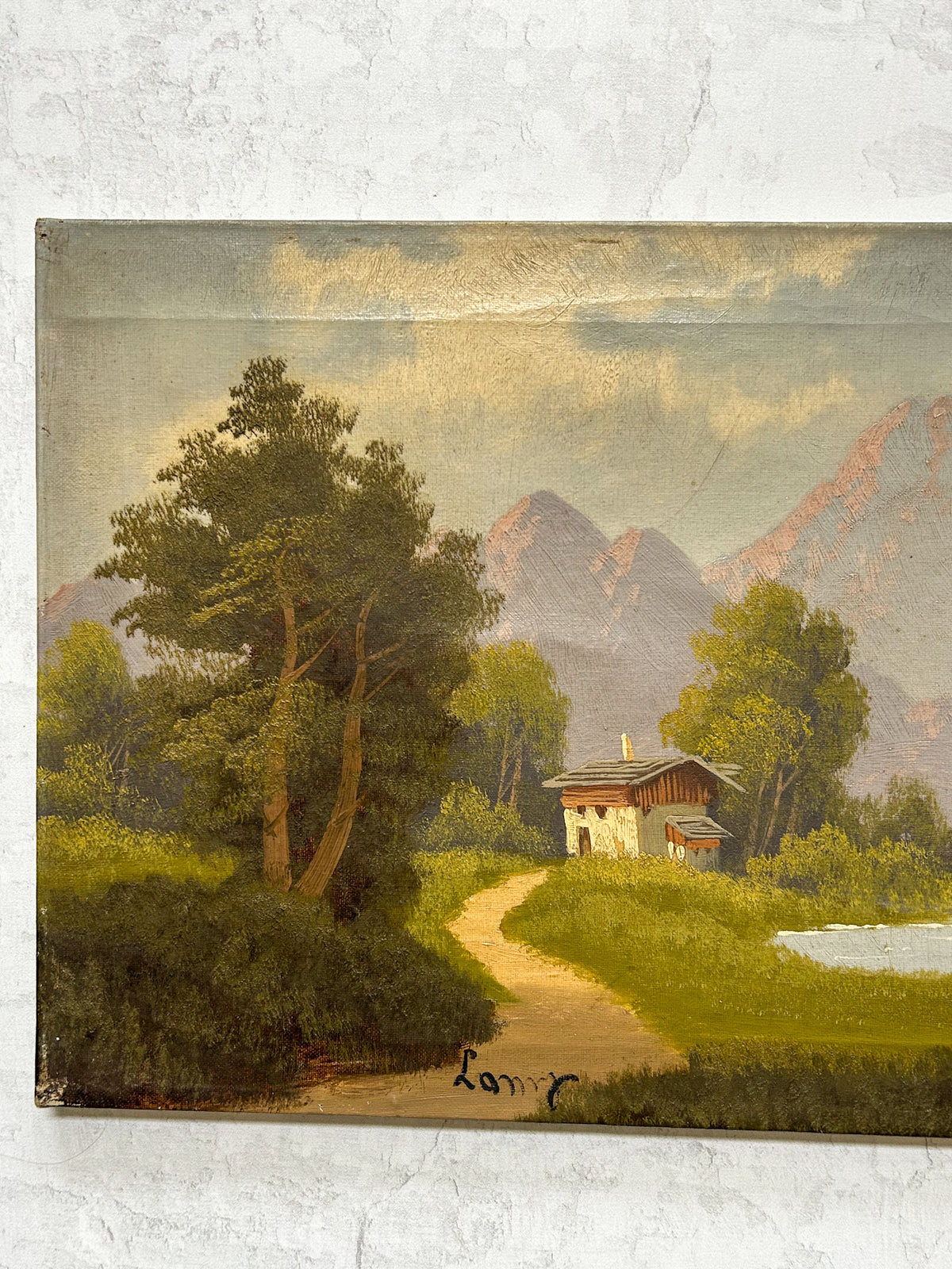 Vintage Signed Alpine Mountain Landscape Oil on Canvas