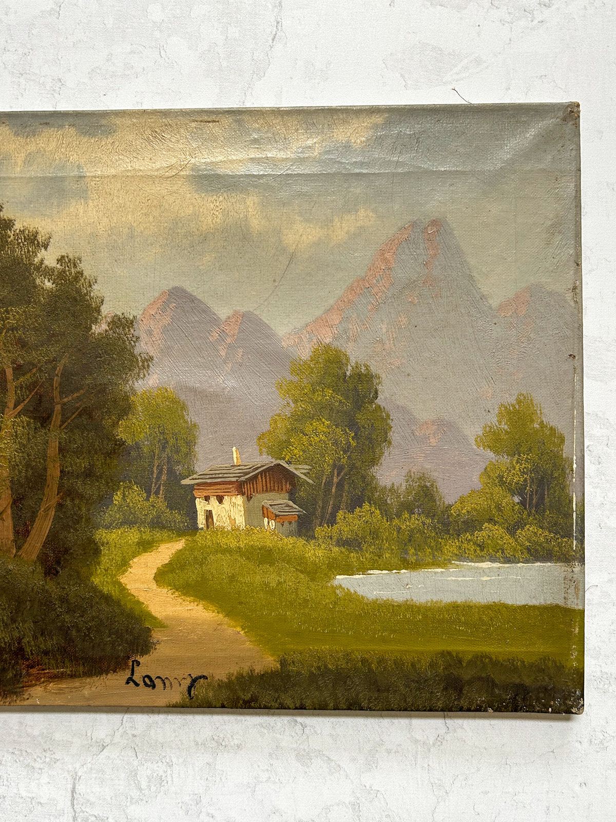 Vintage Signed Alpine Mountain Landscape Oil on Canvas