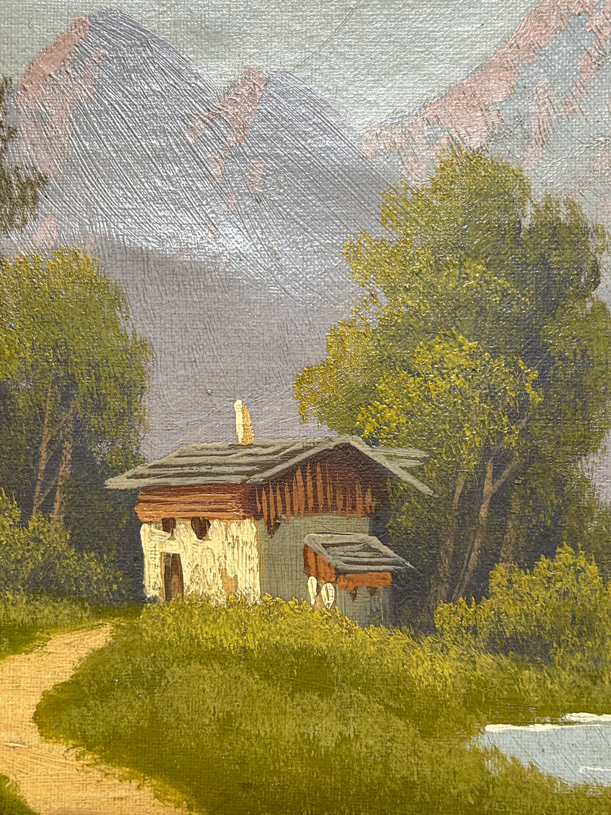 Vintage Signed Alpine Mountain Landscape Oil on Canvas