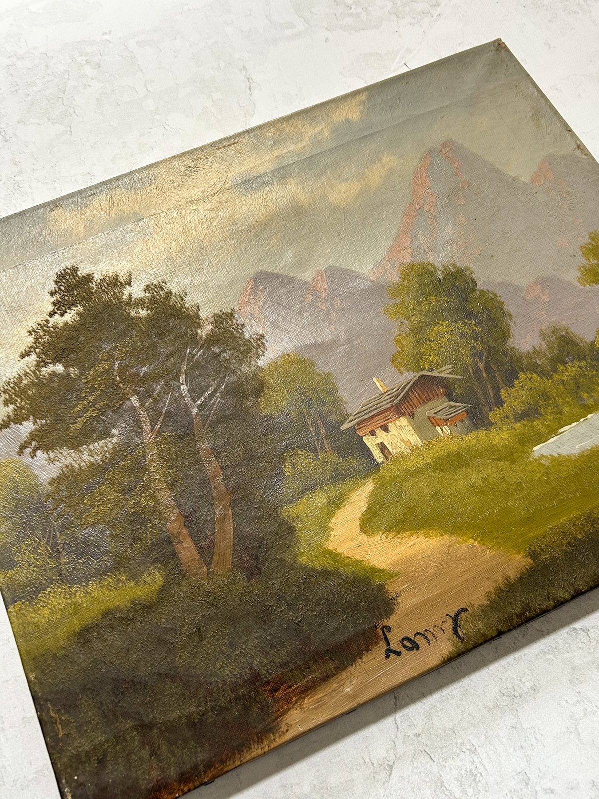 Vintage Signed Alpine Mountain Landscape Oil on Canvas