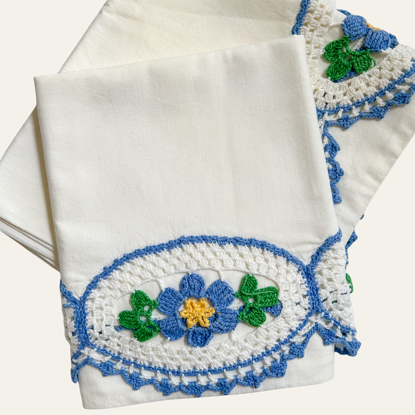 Vintage Pillowcase Set with Crocheted Floral Trim