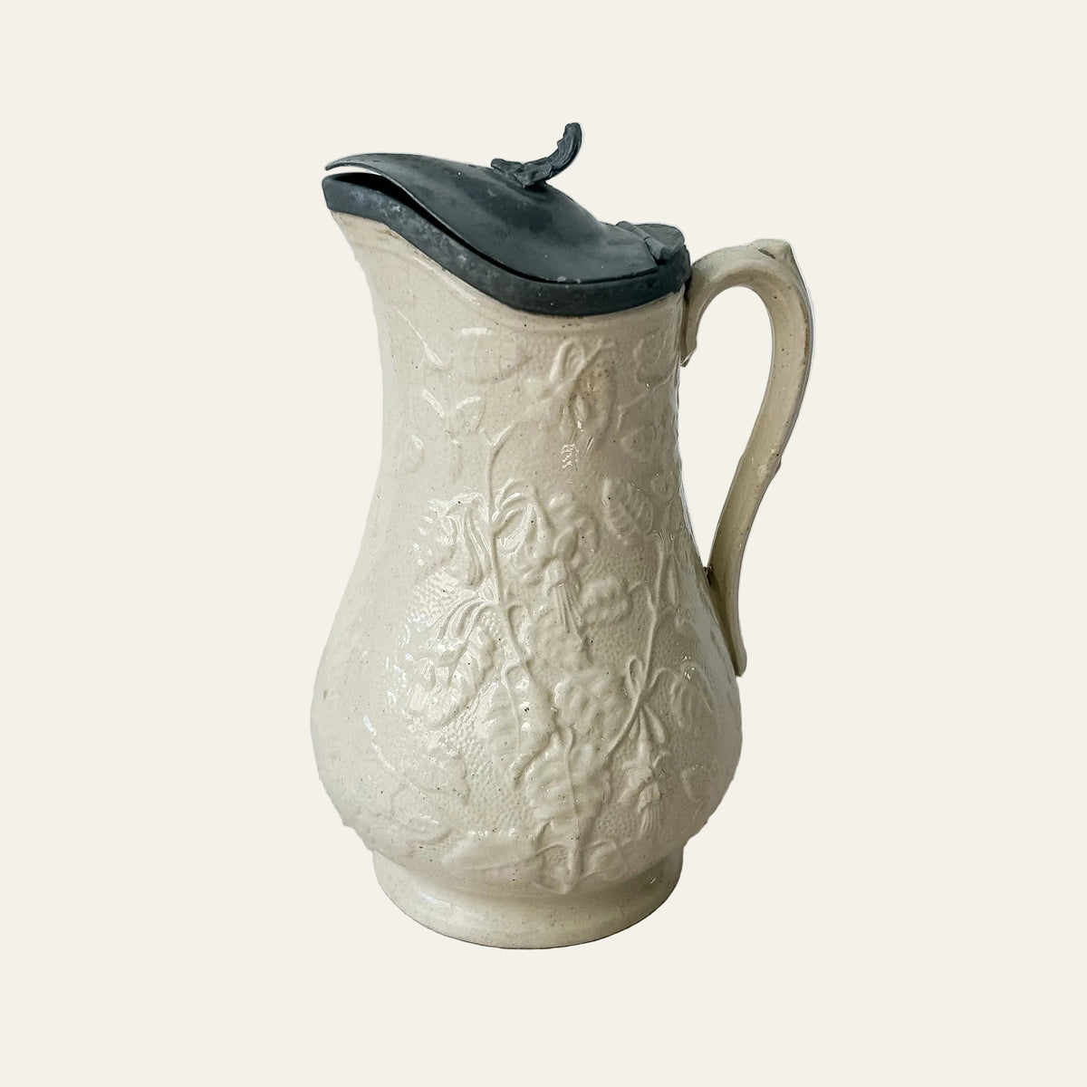 Antique English Stoneware Syrup Jug with Pewter Lid