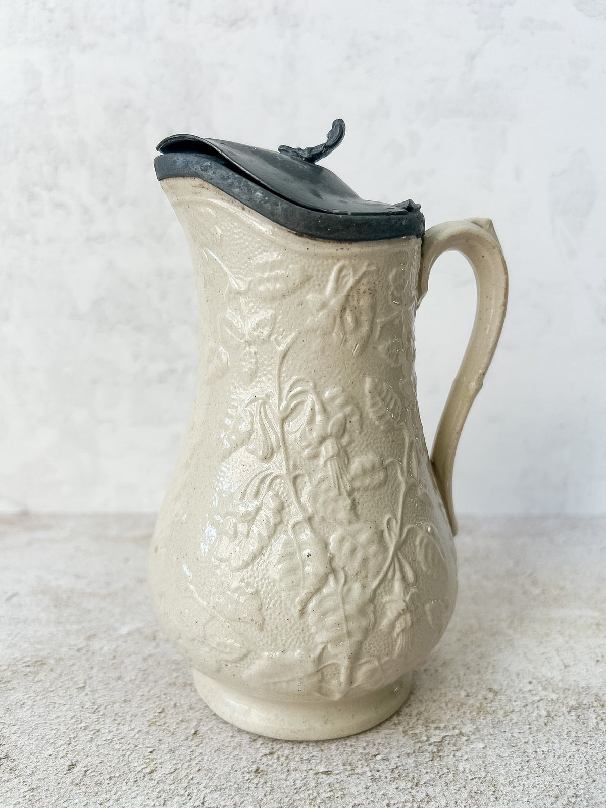 Antique English Stoneware Syrup Jug with Pewter Lid