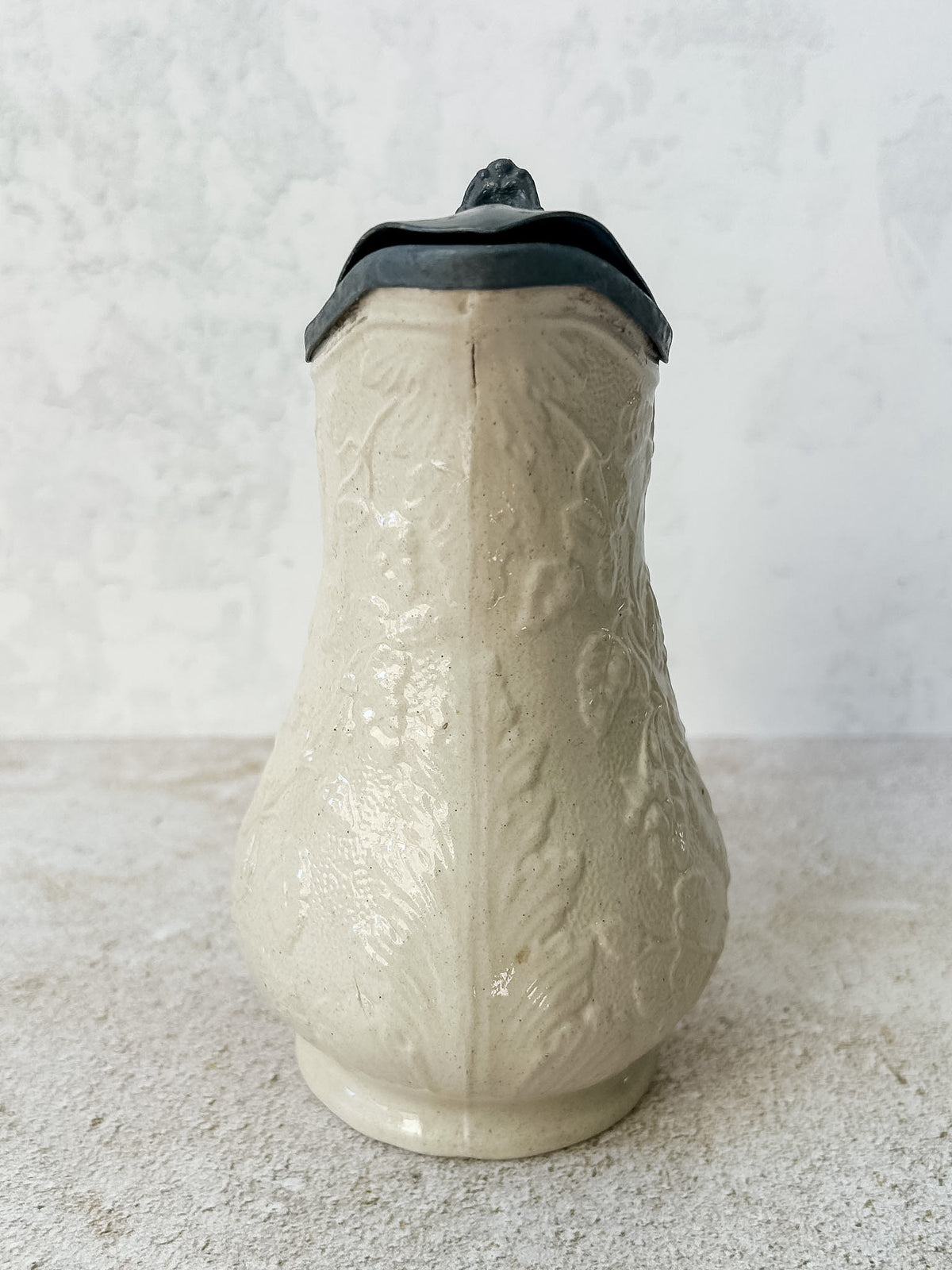 Antique English Stoneware Syrup Jug with Pewter Lid