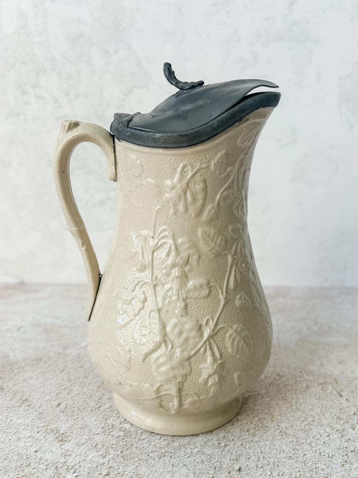 Antique English Stoneware Syrup Jug with Pewter Lid