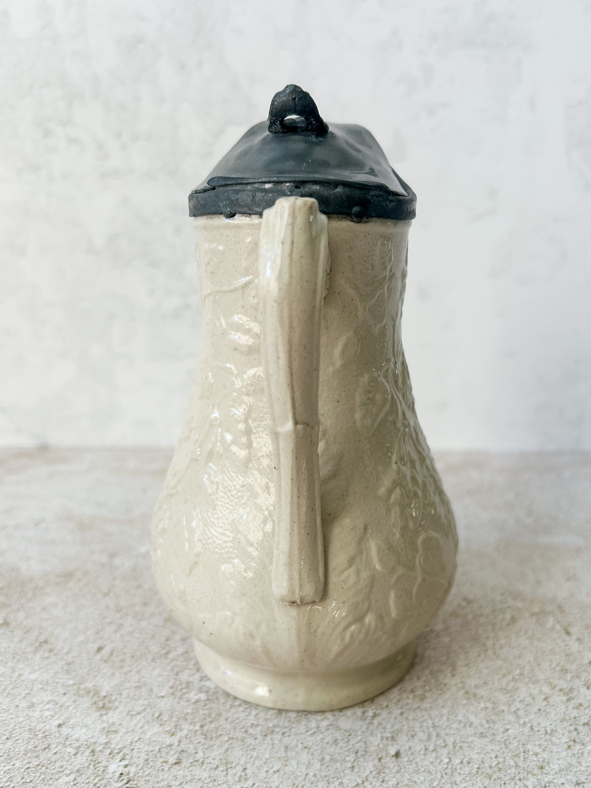 Antique English Stoneware Syrup Jug with Pewter Lid