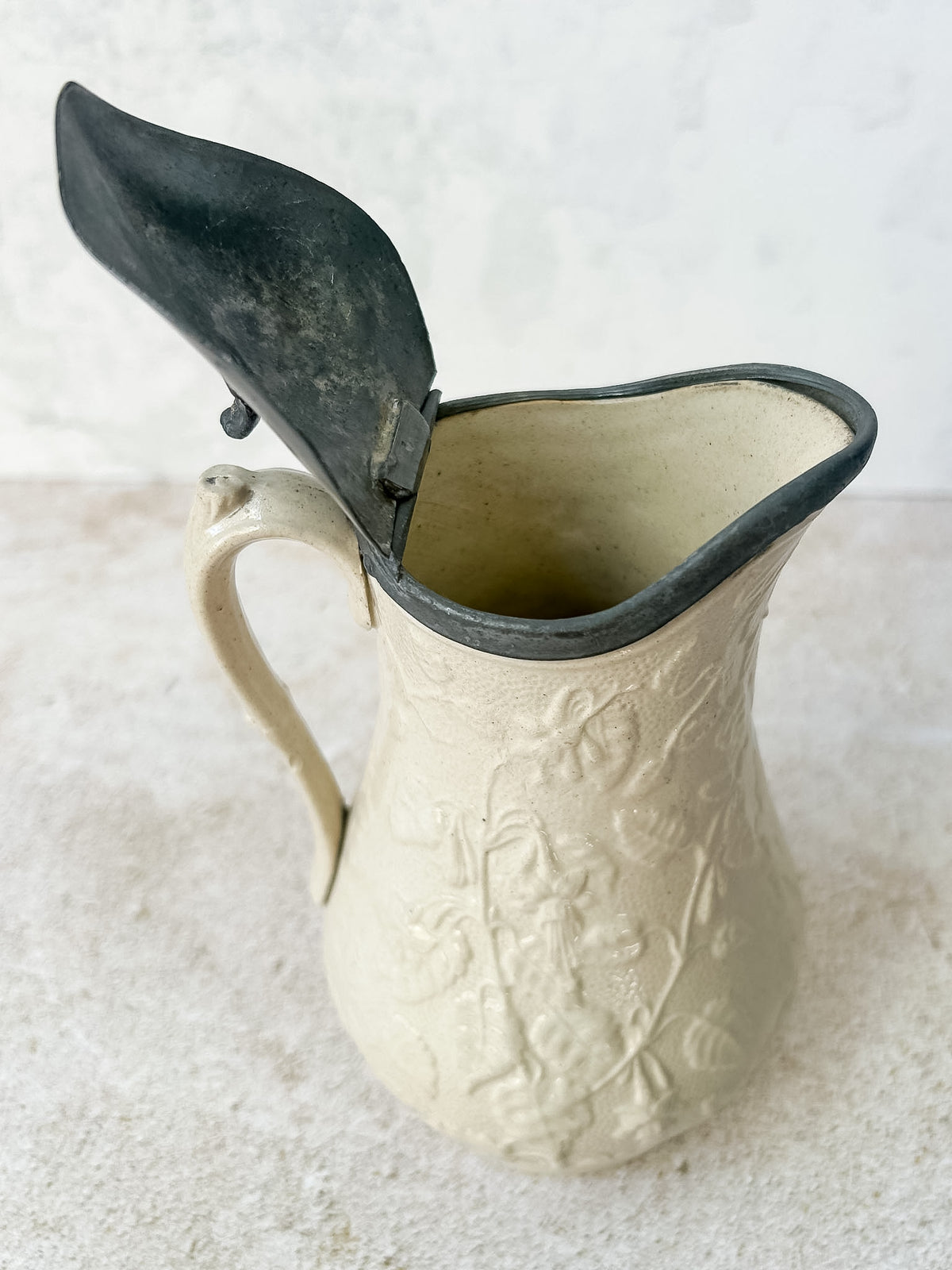 Antique English Stoneware Syrup Jug with Pewter Lid