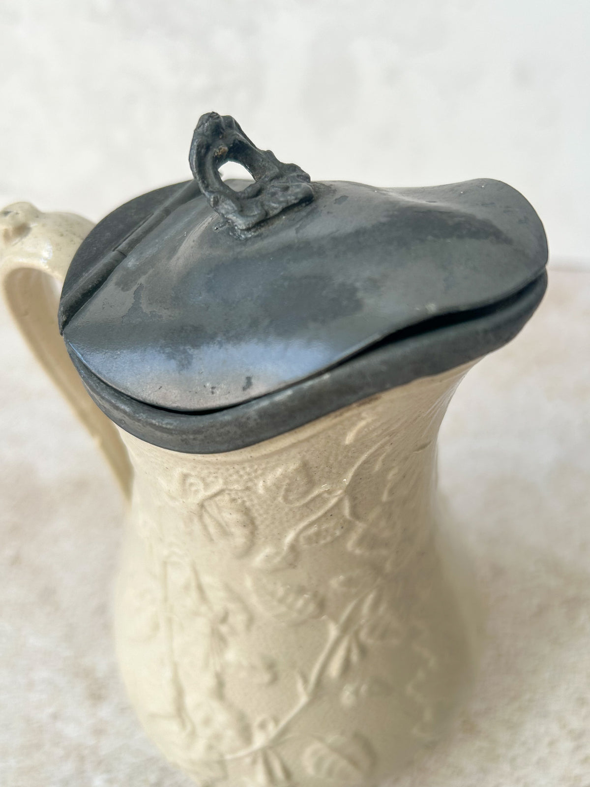 Antique English Stoneware Syrup Jug with Pewter Lid