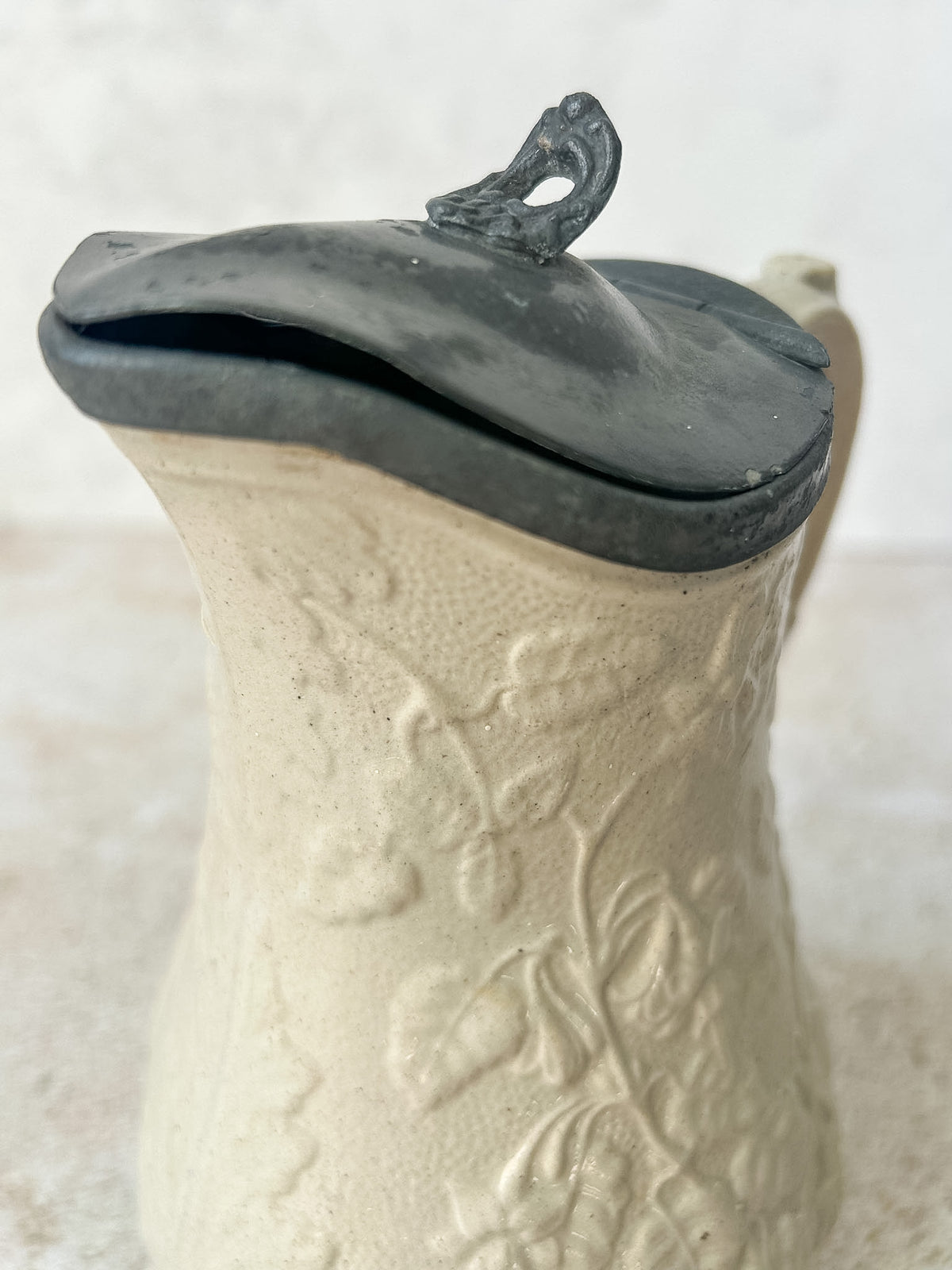 Antique English Stoneware Syrup Jug with Pewter Lid