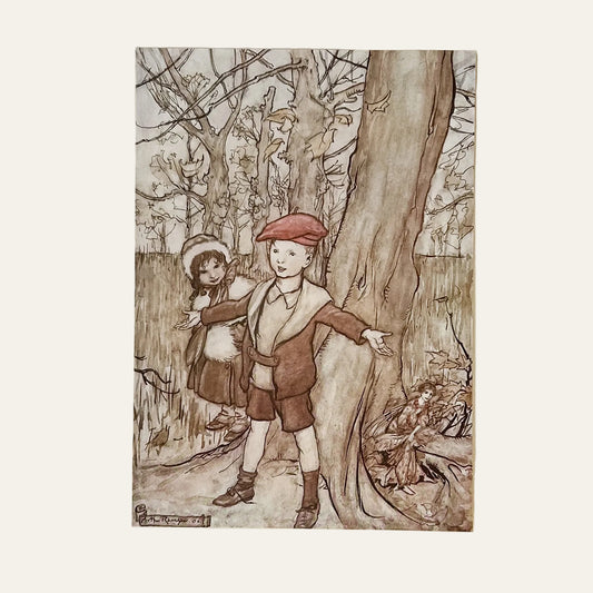 Illustration of two children in a forest setting on a beige background