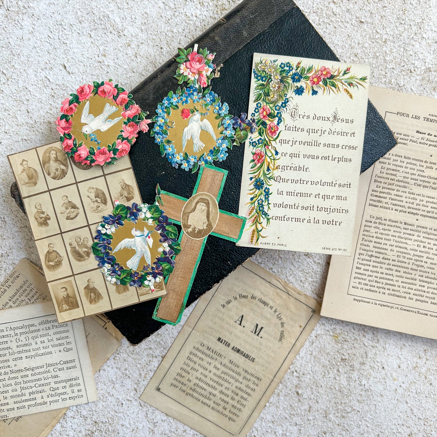 1800s French Antique "Recueil de Cantiques" Prayer Book with Ephemera