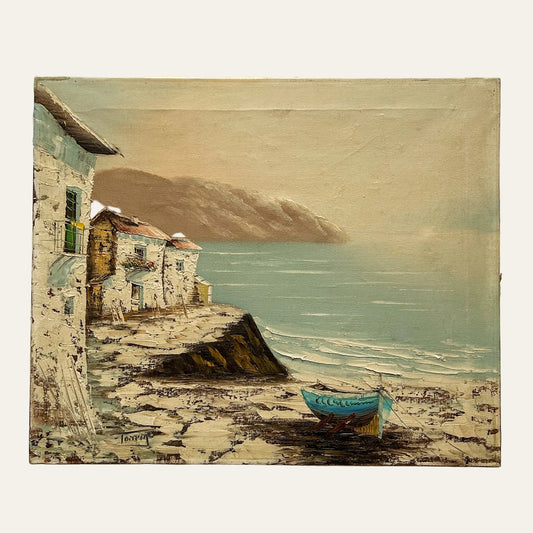 Vintage Signed Coastal Village Oil on Canvas
