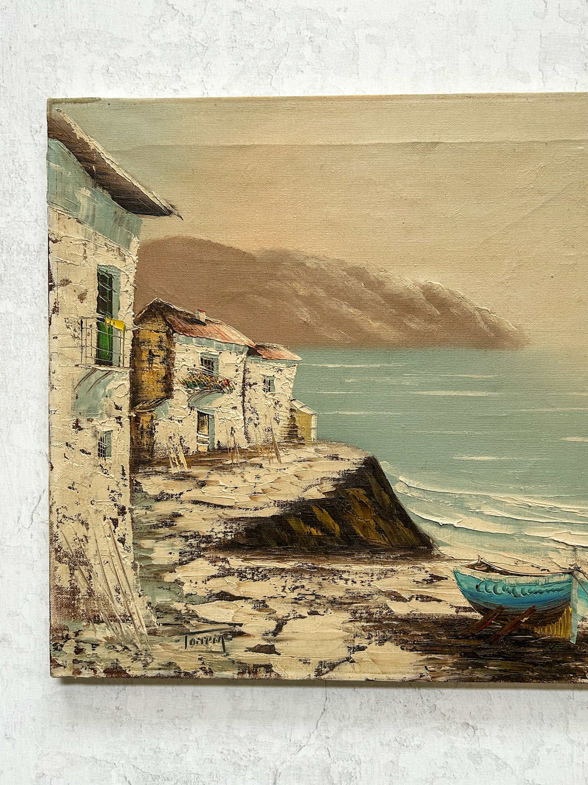 Vintage Signed Coastal Village Oil on Canvas