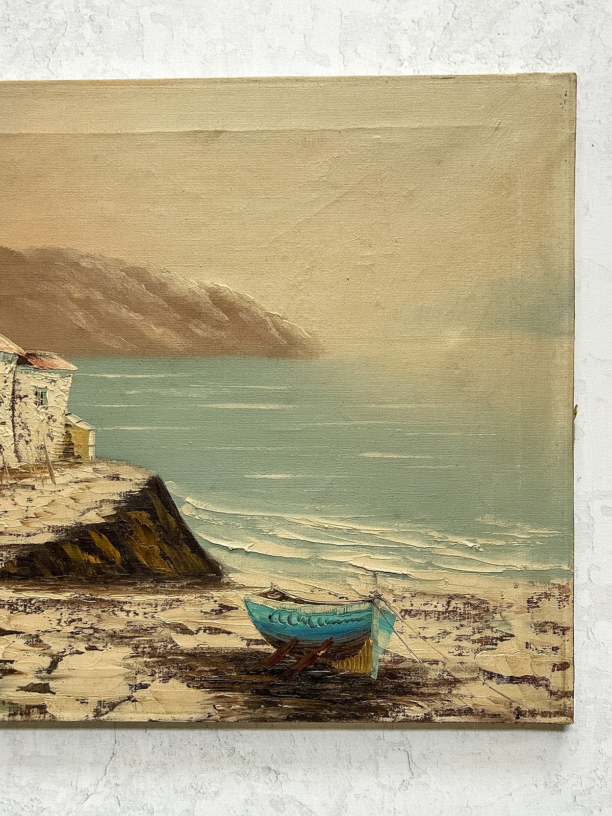 Vintage Signed Coastal Village Oil on Canvas