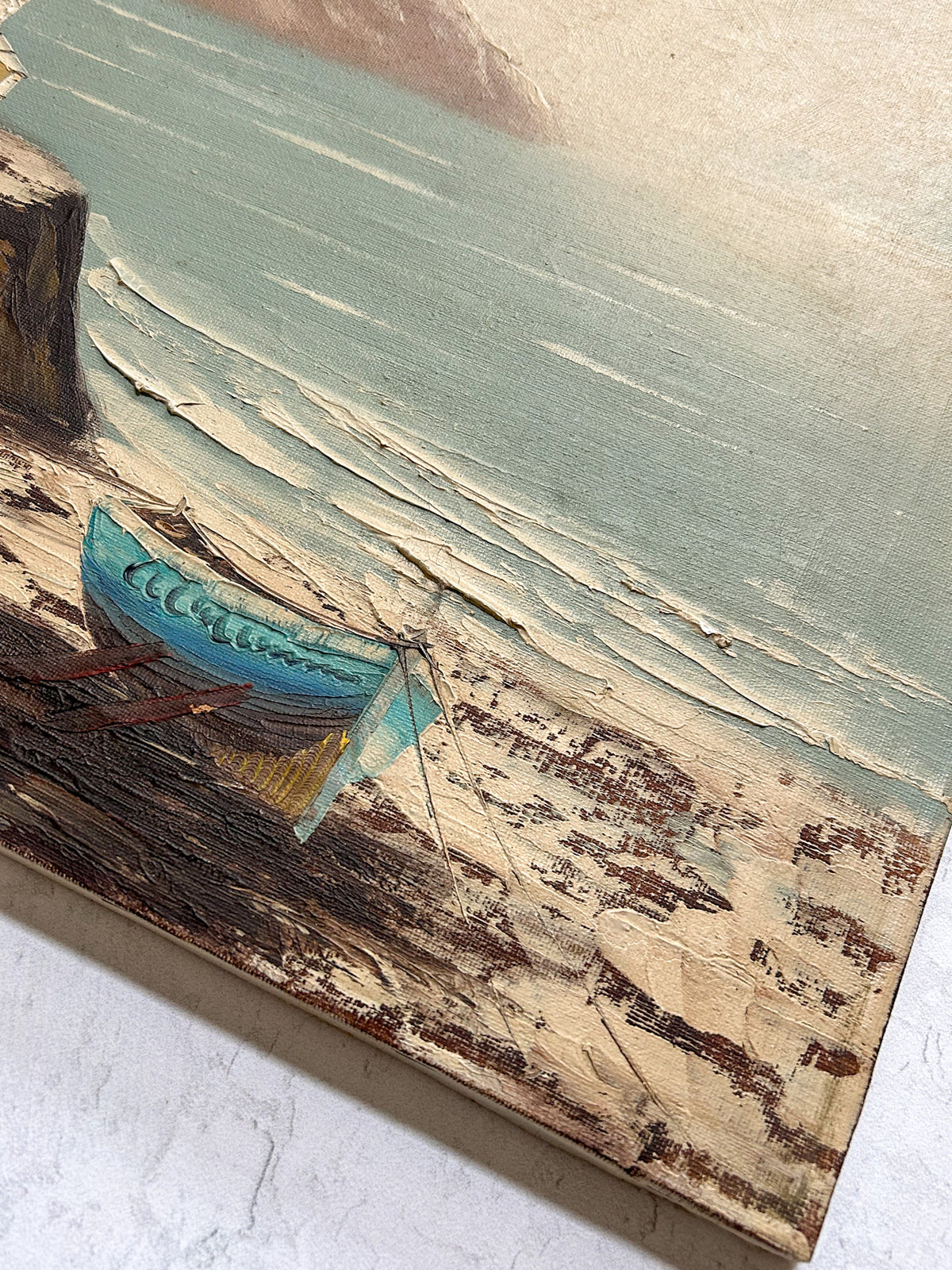 Vintage Signed Coastal Village Oil on Canvas