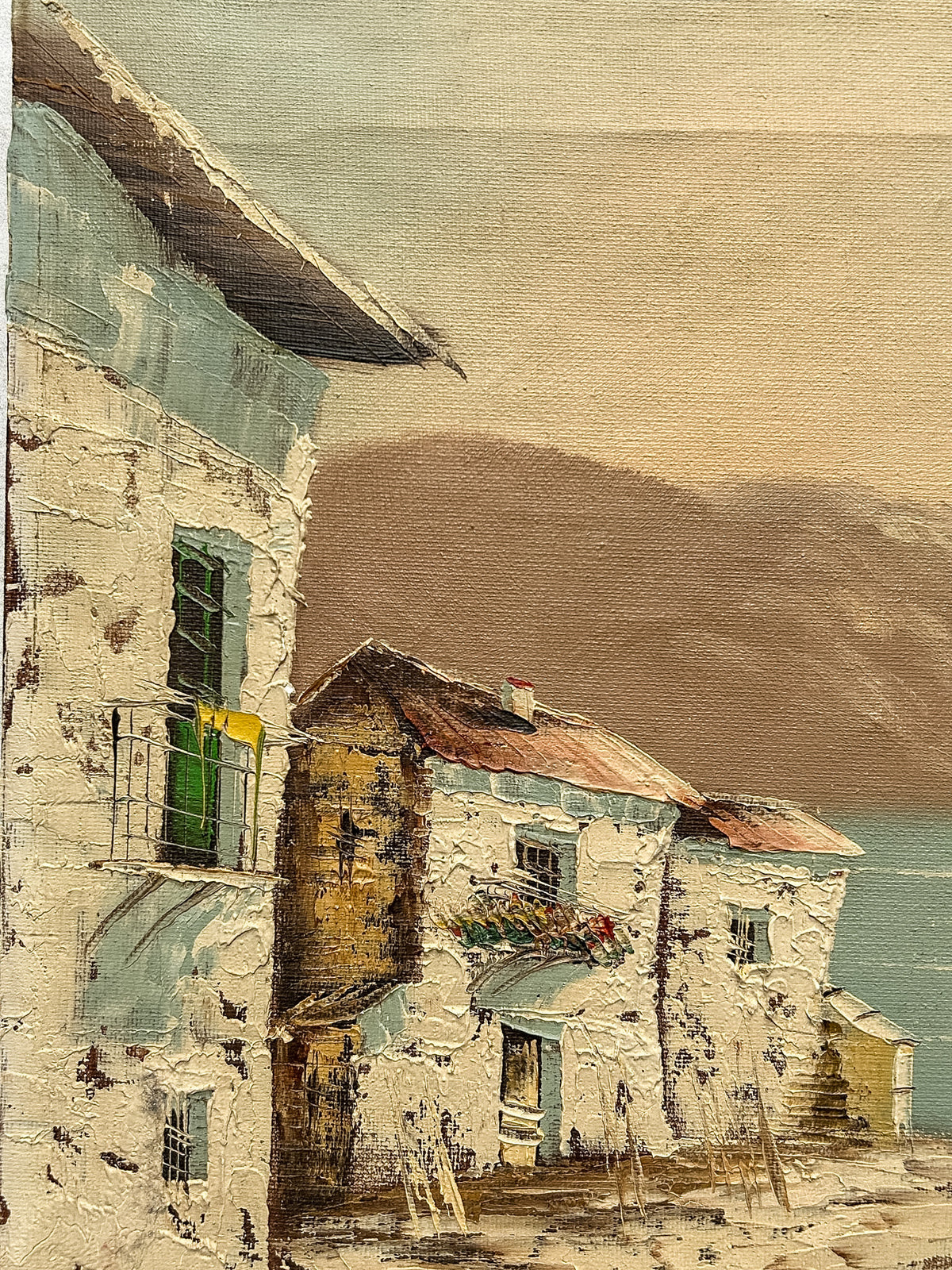 Vintage Signed Coastal Village Oil on Canvas