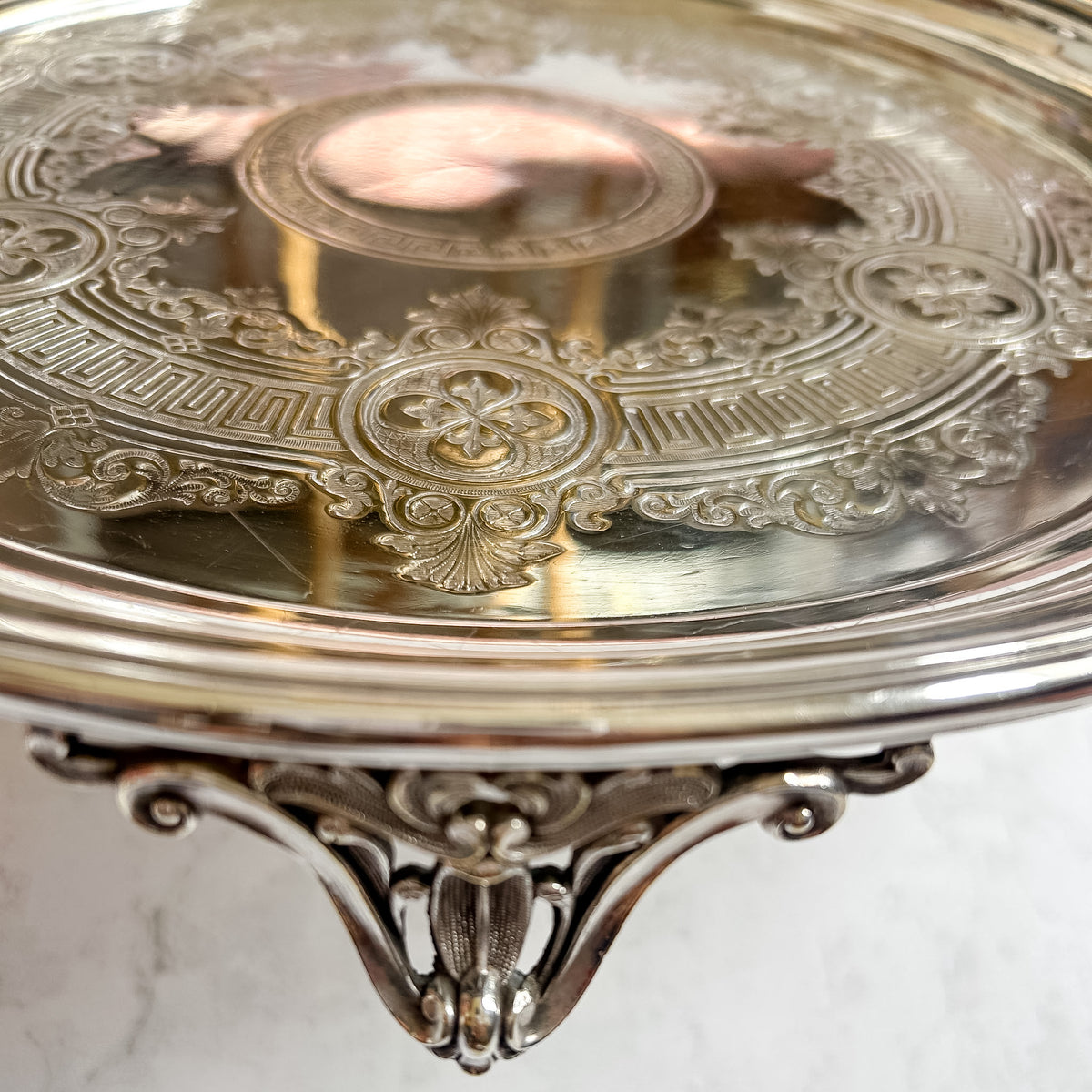 Antique English Embossed Design Silver Plate Footed Tray