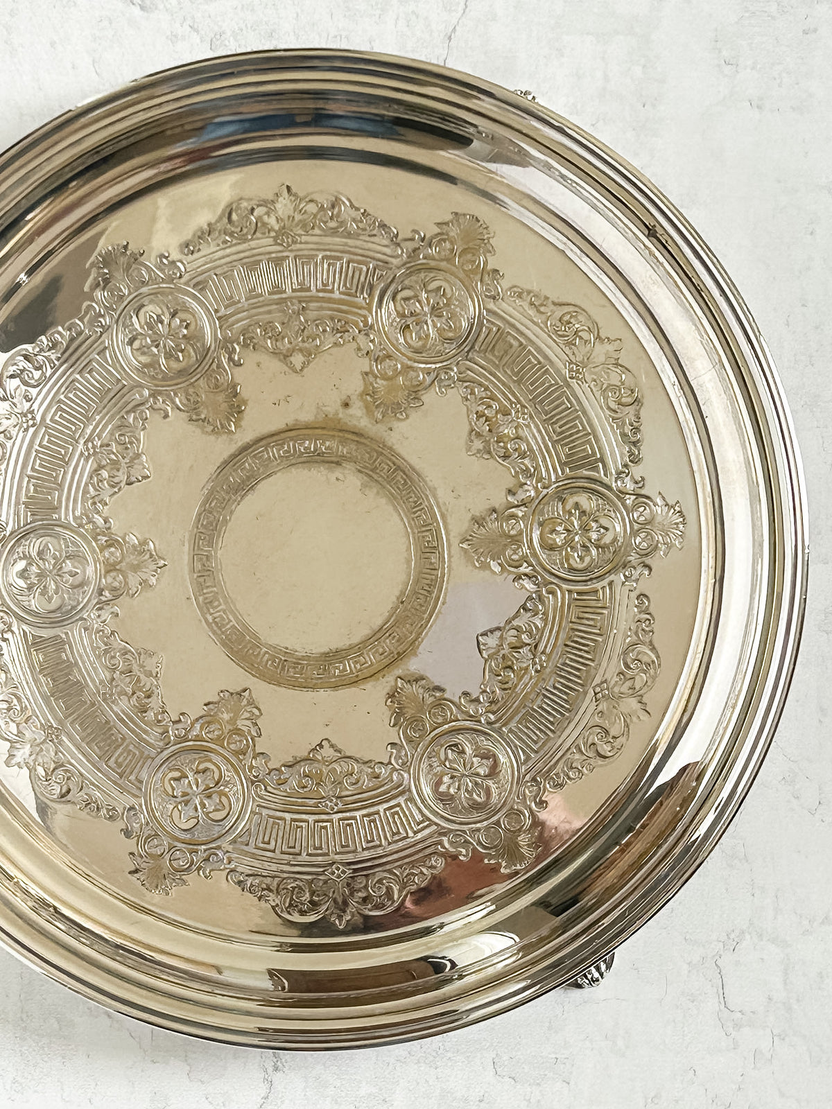 Antique English Embossed Design Silver Plate Footed Tray