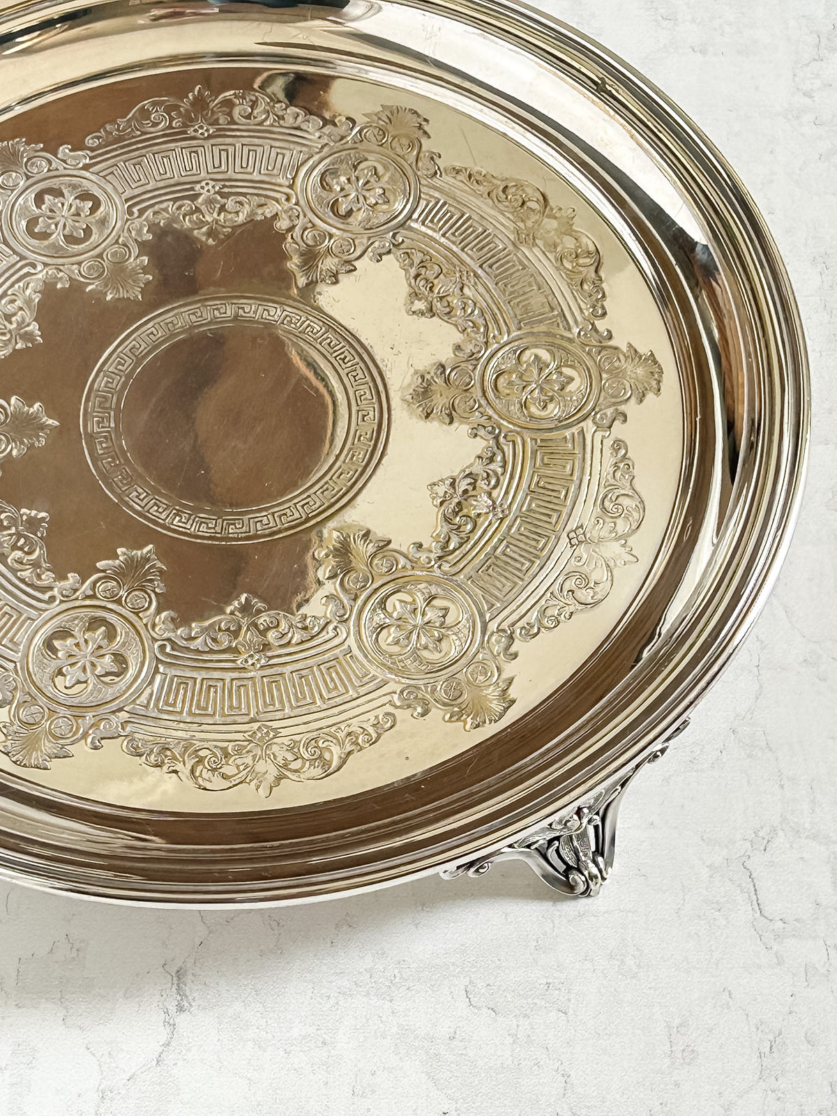 Antique English Embossed Design Silver Plate Footed Tray