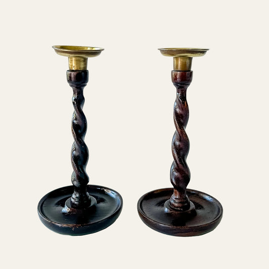 Vintage English Oak Barley Twist Candlesticks