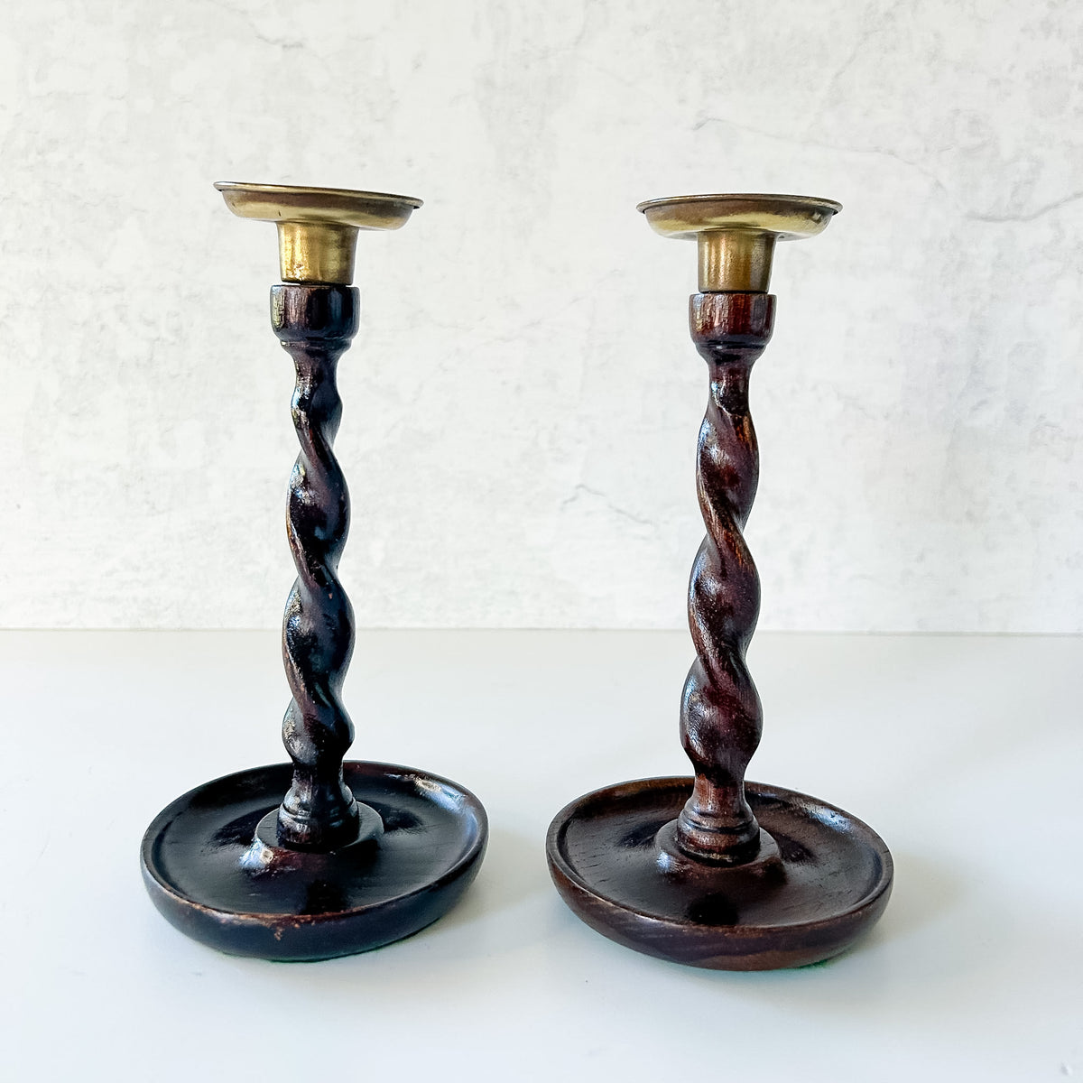 Vintage English Oak Barley Twist Candlesticks