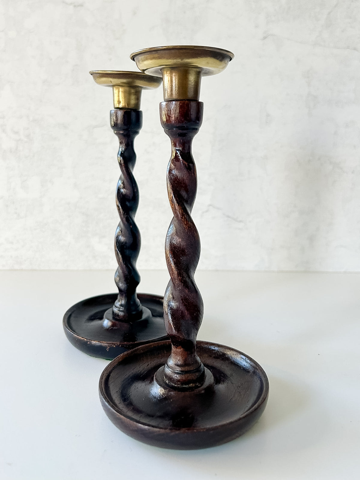 Vintage English Oak Barley Twist Candlesticks