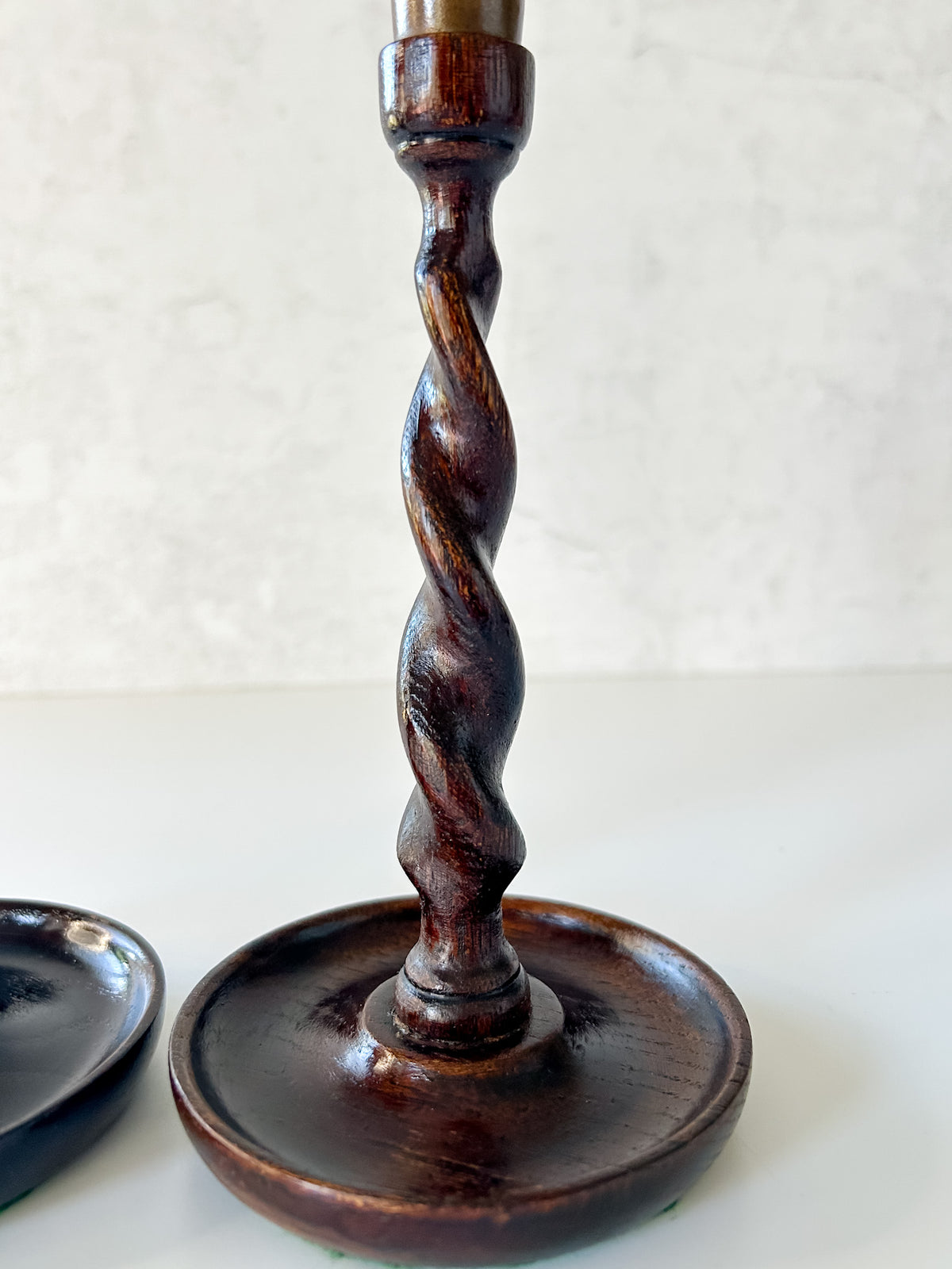 Vintage English Oak Barley Twist Candlesticks