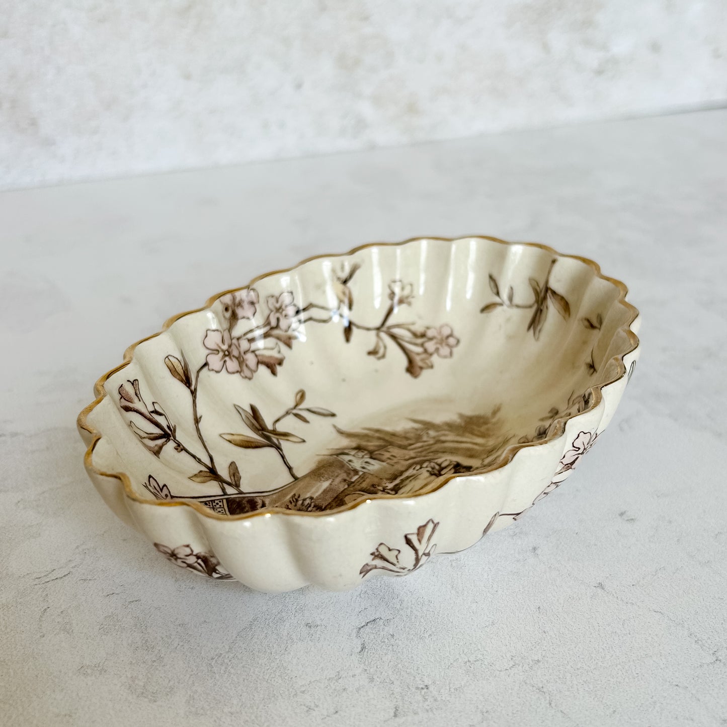 Antique English E.M. & Co Brown Transferware Soap Dish, c1900