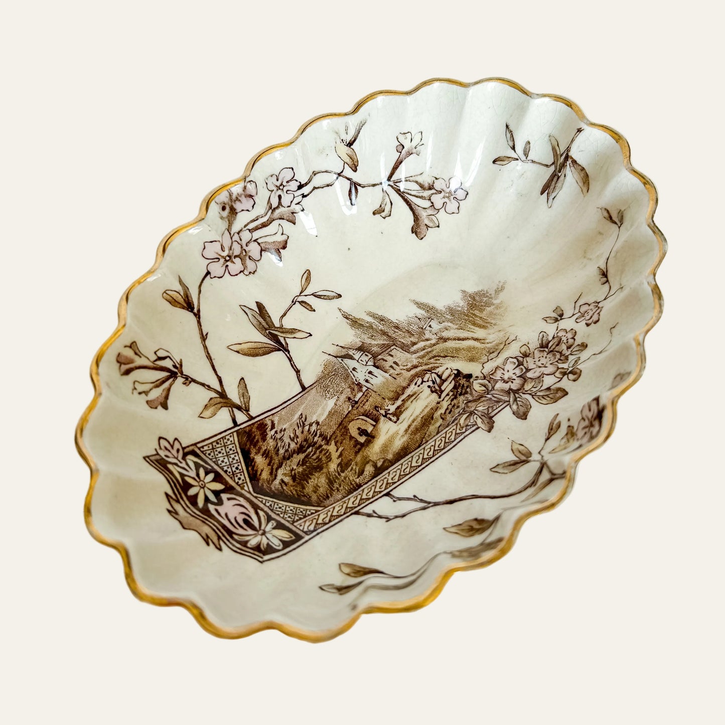Antique English E.M. & Co Brown Transferware Soap Dish, c1900