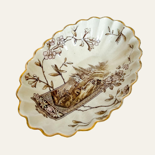 Antique English E.M. & Co Brown Transferware Soap Dish, c1900