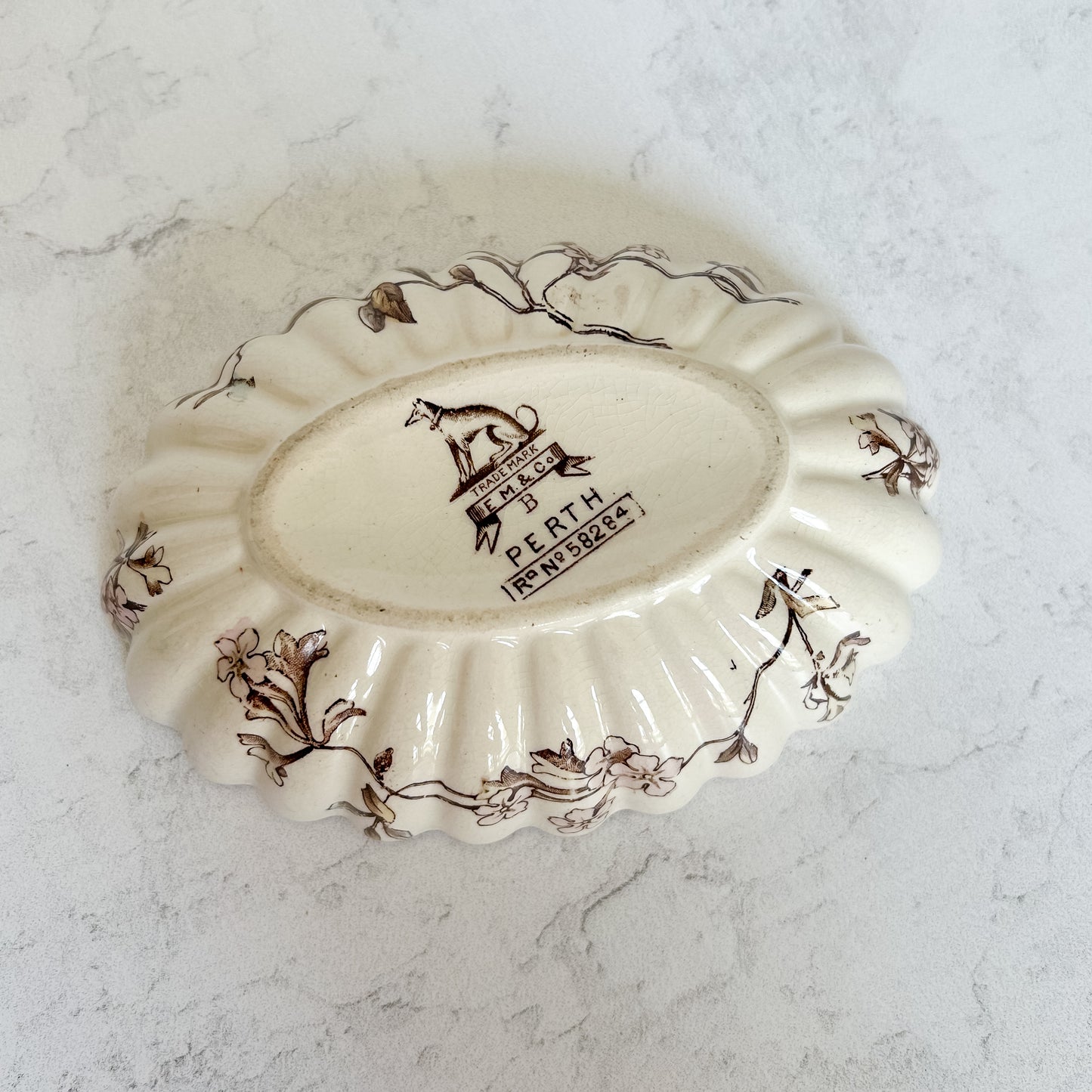 Antique English E.M. & Co Brown Transferware Soap Dish, c1900