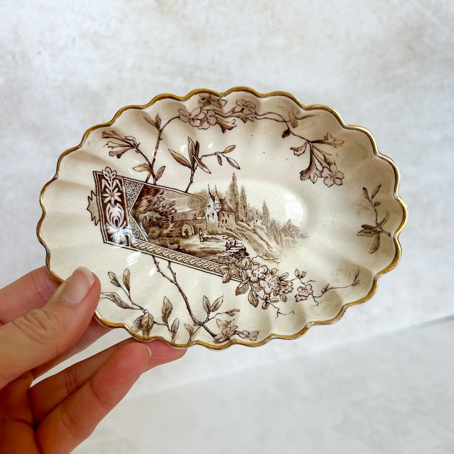 Antique English E.M. & Co Brown Transferware Soap Dish, c1900